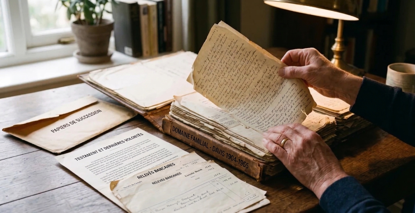 Des mains comparent d'anciens documents et relevés bancaires sur une table en bois.