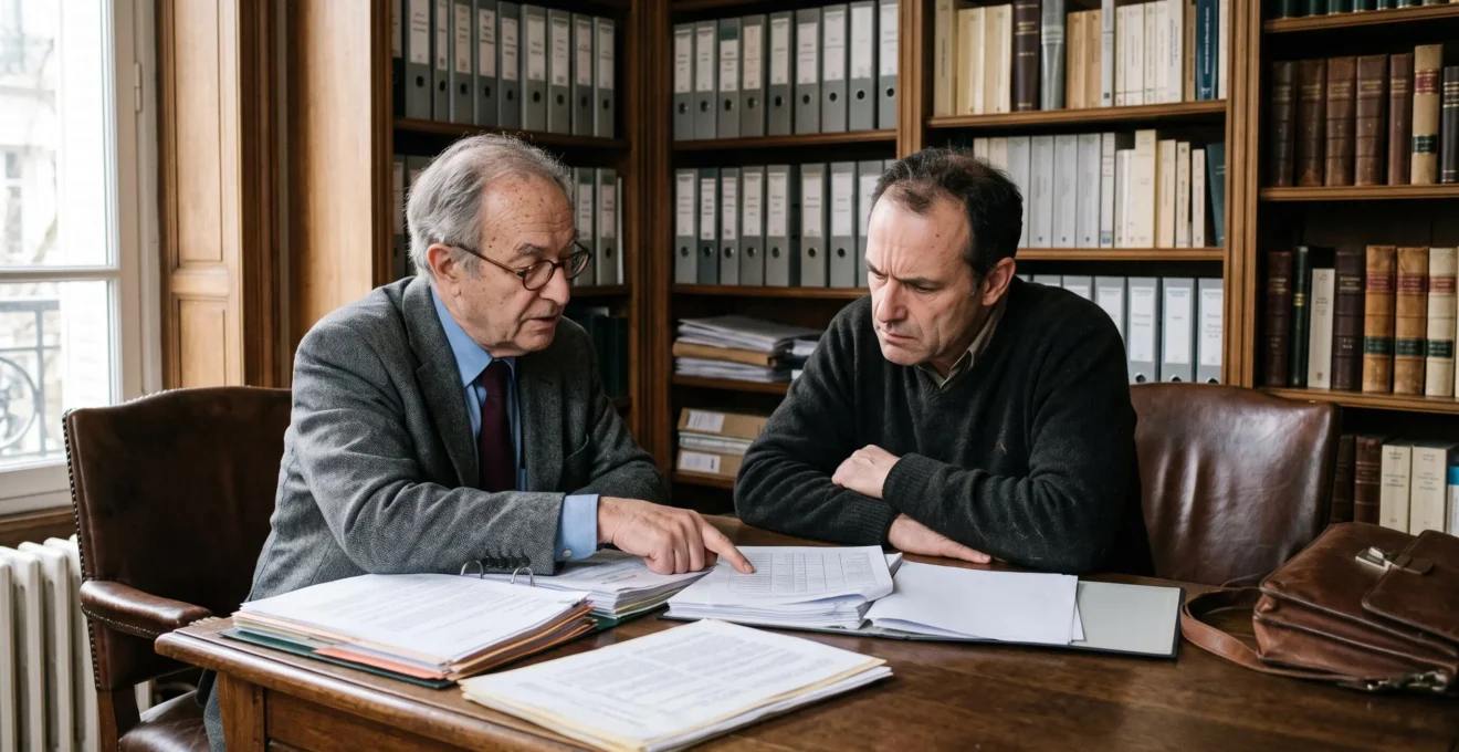 Un avocat et un héritier examinent ensemble des documents de succession dans un bureau.
