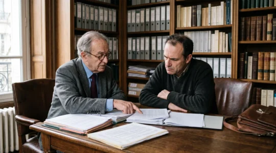 Un avocat et un héritier examinent ensemble des documents de succession dans un bureau.