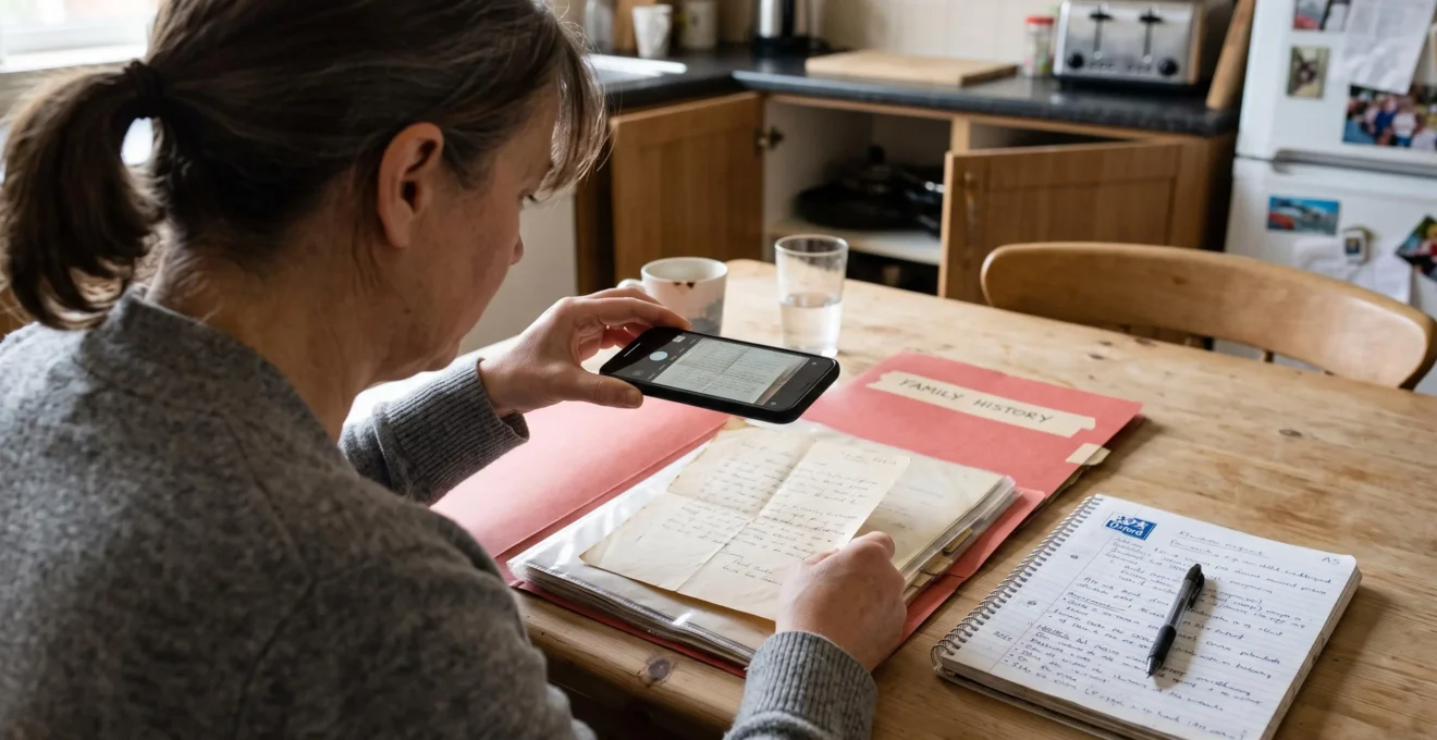 Une personne photographie un document papier avec son téléphone pour constituer un dossier.